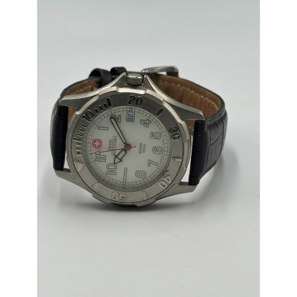 Swiss Military Watch Men Silver Tone Brown Leather Band Water Resistant Works - Picture 7 of 12